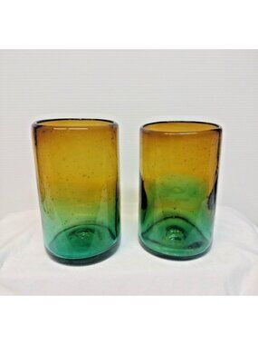 Set Of 2 Handblown Tumbler Glasses  Aqua  Amber To Green 5"